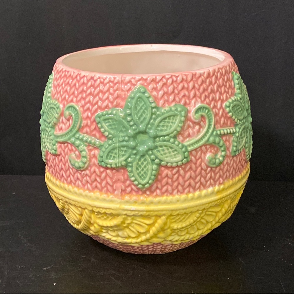 Embossed Pink/Yellow/Green Egg-Shaped Ceramic Easter Jar/ Planter Pot NO LID